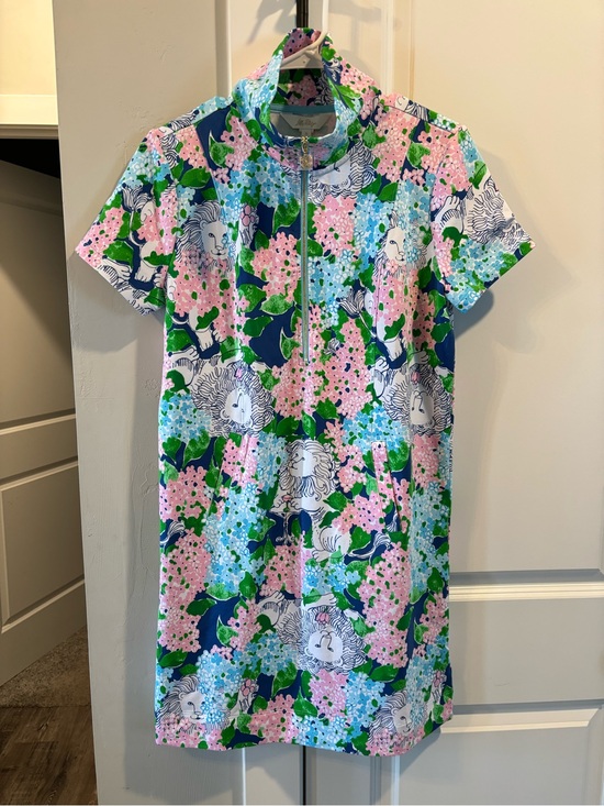 Lilly Pulitzer Dresses & Skirts - Lilly Pulitzer Pink Blue Green Floral Short-Sleeve Zip Dress Lydia the lion